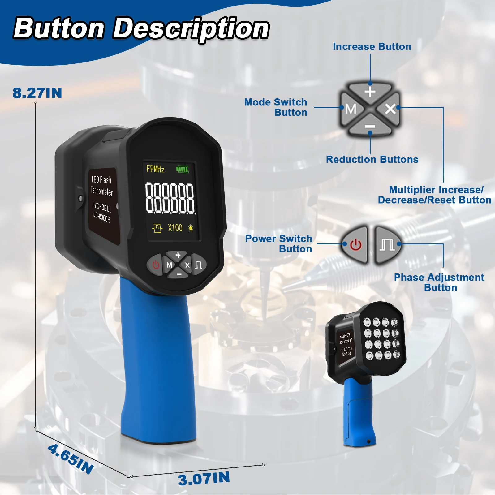 LED Flash Tachometer 60-100000 FPM Non-Contact Stroboscope RPM Meter 1500LUX Phase Adjust Holdpeak 8000B