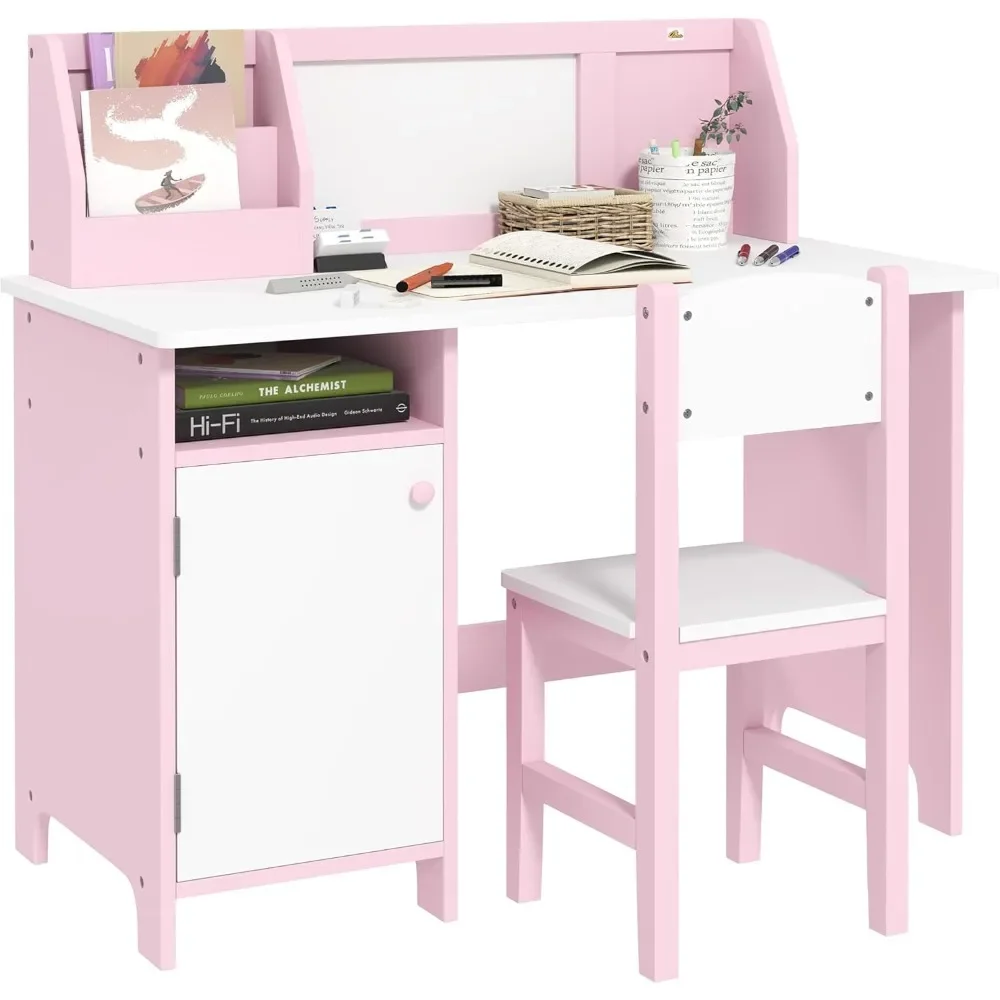 Toddler Desk and Chair Set, Kids Writing Desk Study Table for Children with Whiteboard, Storage Cabinet, Child Furniture