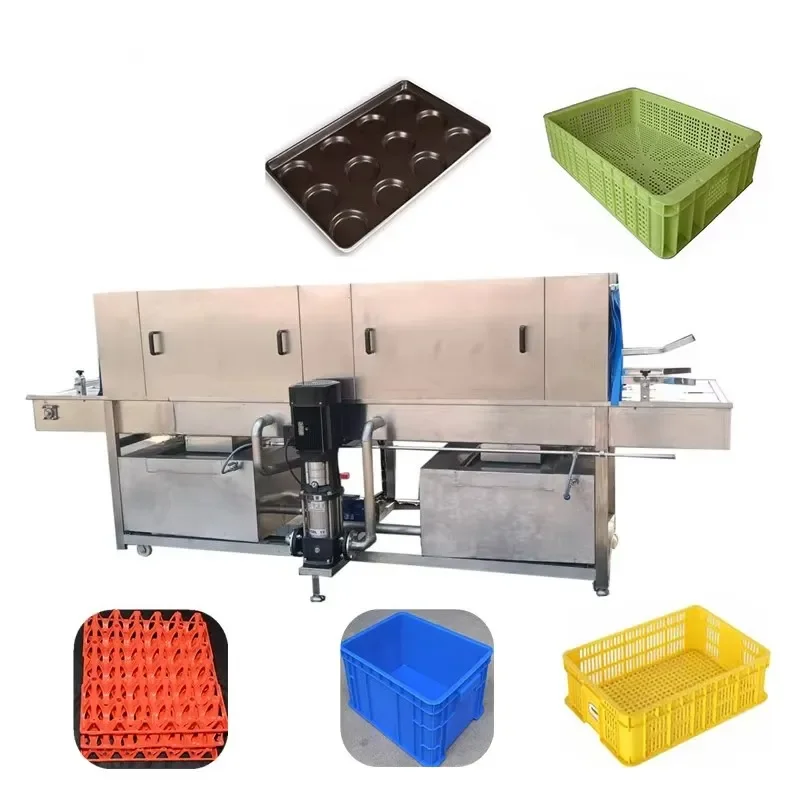 Full Automatic 304 Stainless Steel Crate Washer Tunnel Basket Washing Machine High Pressure Spray Turnover Box Cleaning