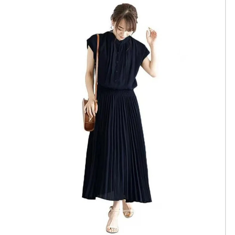 

Japanese Comfortable Temperament Women's Summer New Dress Waist Short Sleeve High Waist Slim Sleeveless Chiffon Skirt Female.