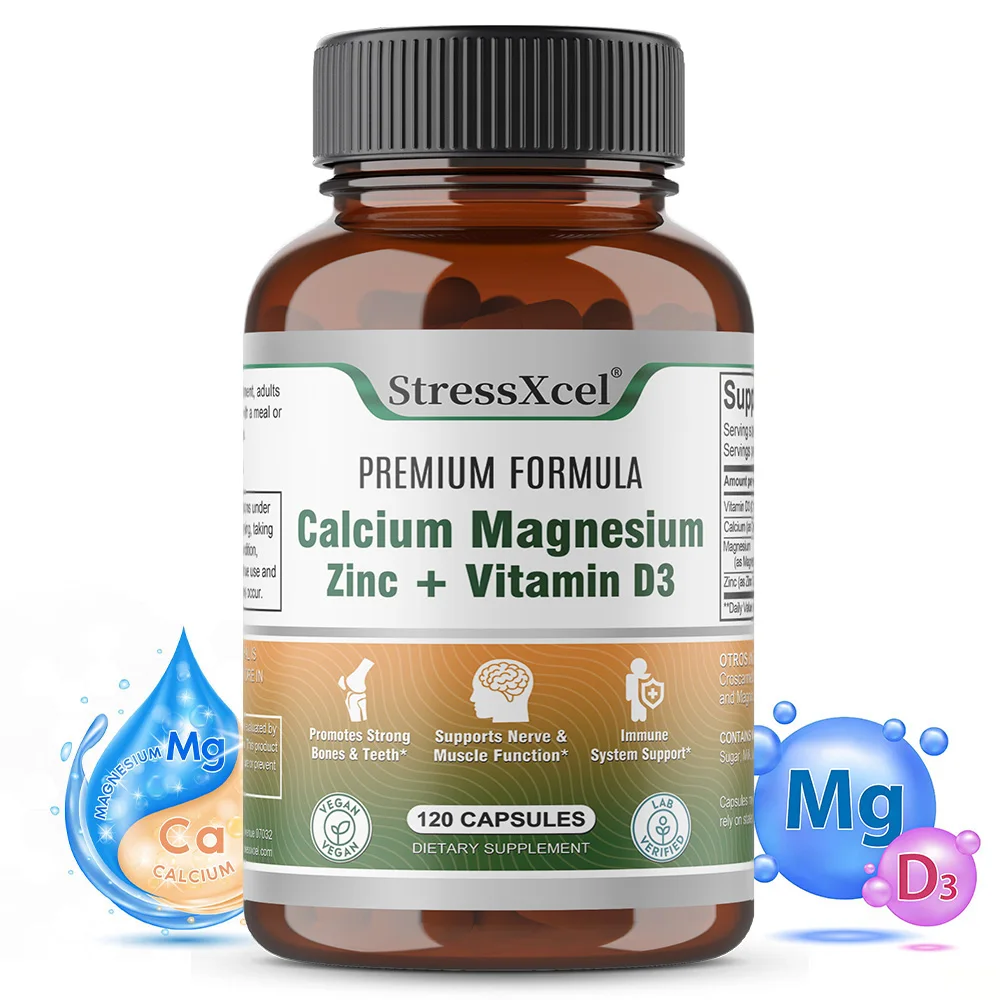 Calcium + Magnesium + Zinc + Vitamin D3 Capsules - Supports Bone and Nervous System Health and Improves Mood | Non-GMO