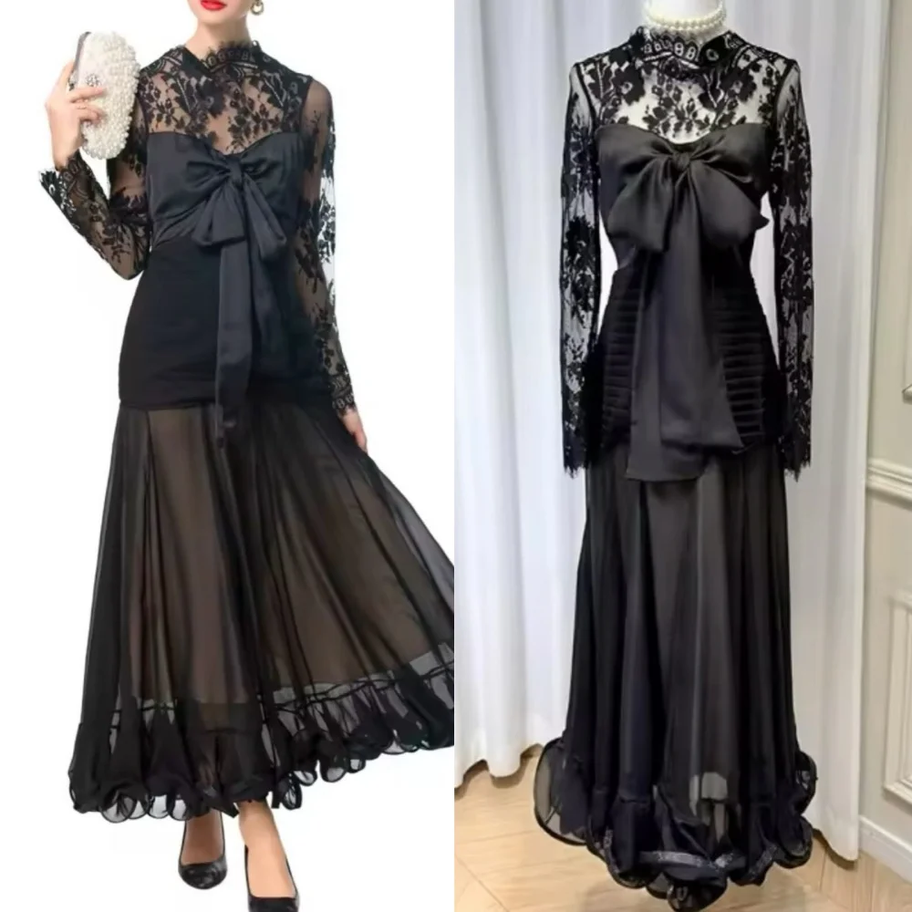 Customized Intricate Sizes Available Organza Bow Ruched Lace Straight Jewel Ankle Length Dresses Bespoke Occasion Dresses Casual