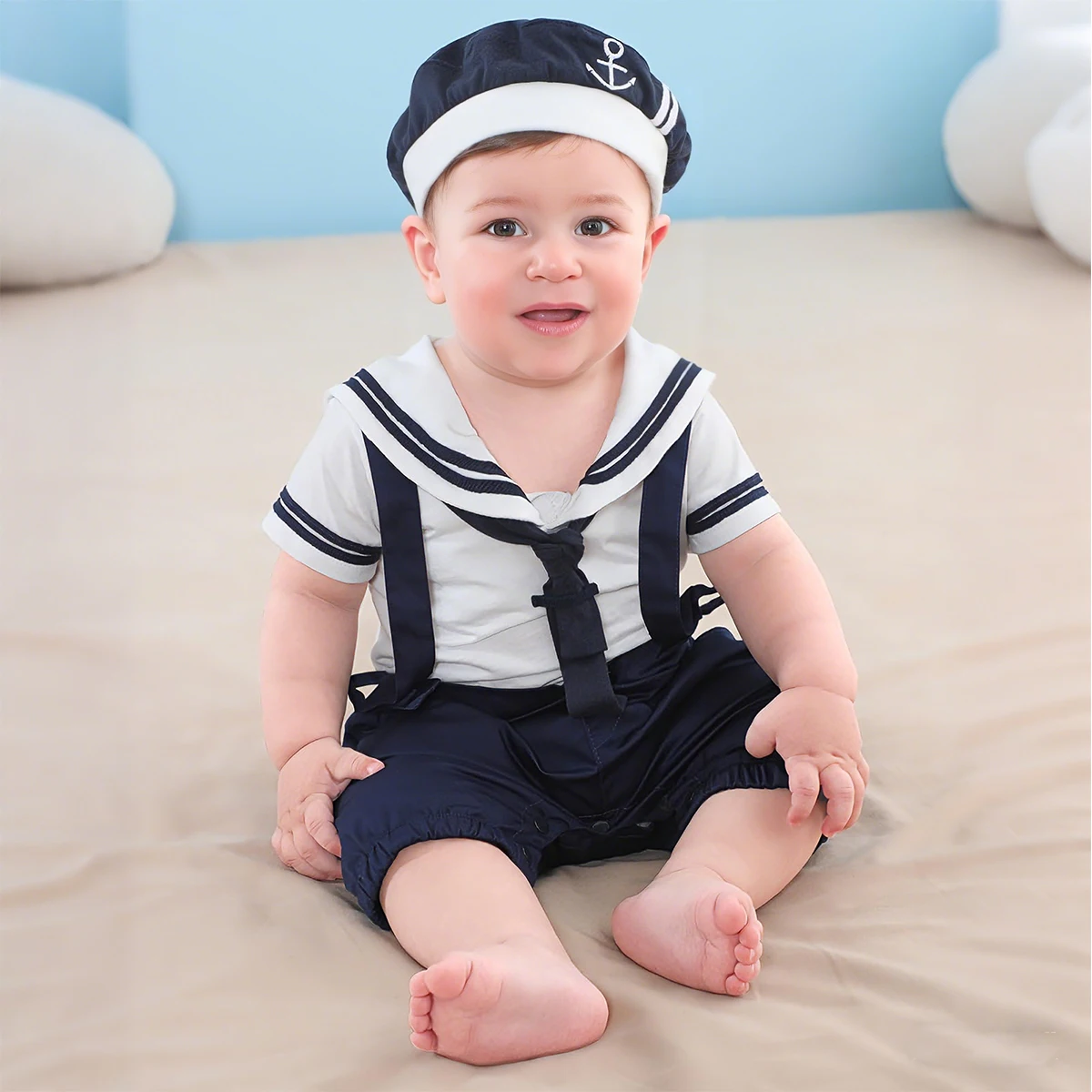 Ropa para bebé, disfraz de marinero, pelele azul marino para niña, traje de carnaval y Halloween, mono con estampado de ancla de manga corta para recién nacido de 3 a 24M