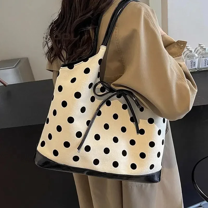 Commuter Large Capacity Boston Bag Women New Popular Canvas Polka Dot Shoulder Underarm Bag Fashion Satchels Casual Tote Package