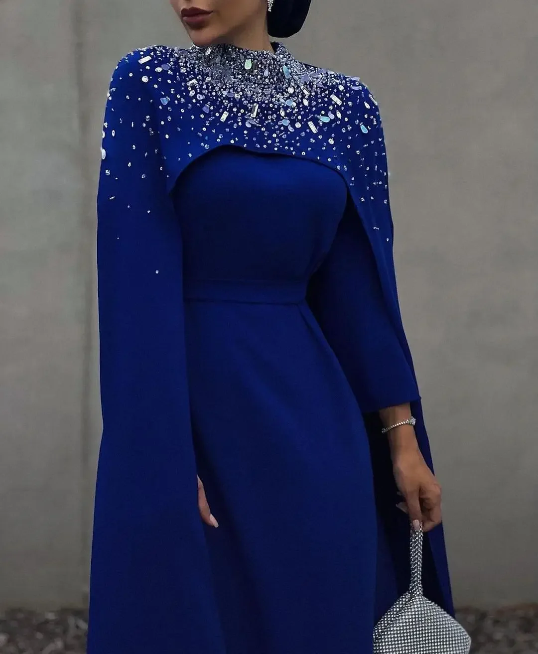 Royal Blue Long Sleeves Prom Dresses with High Neck Beadings Jacket Jewel Party Gowns Ankle Length Saudi Arabia Evening Dress