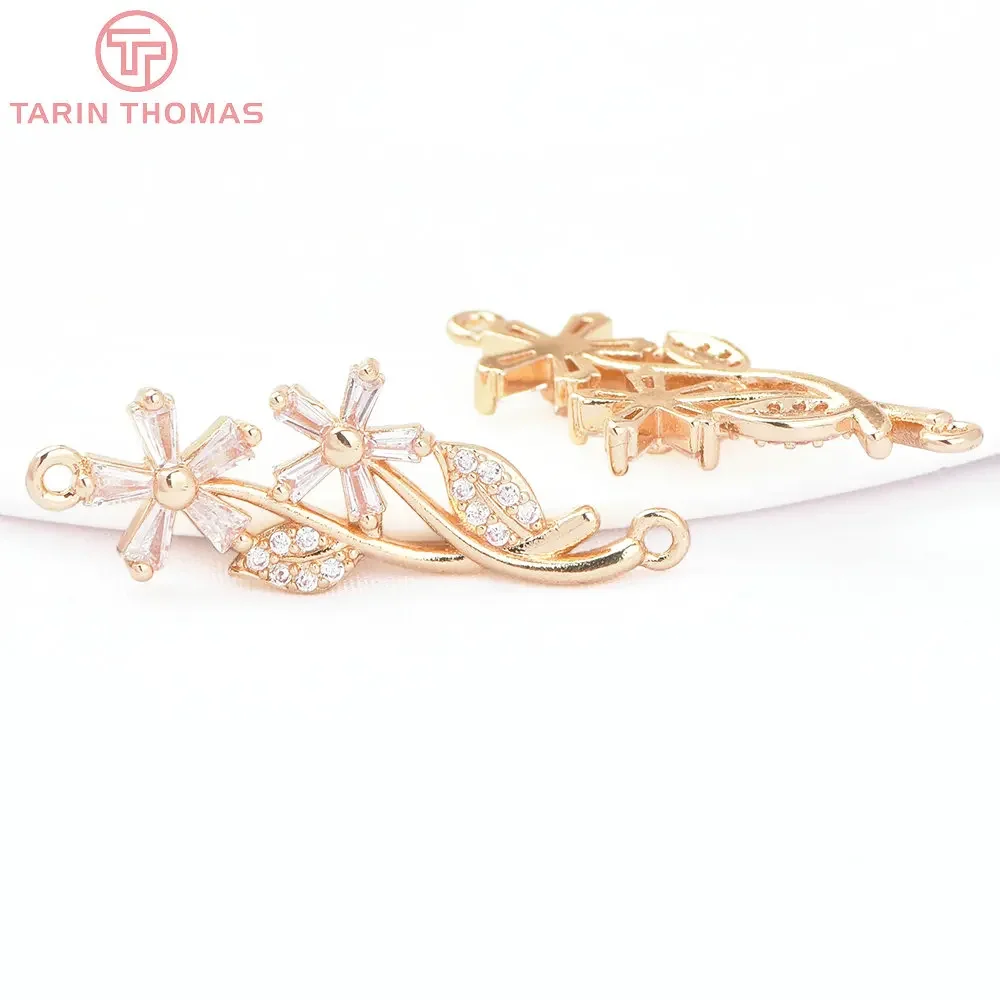 Flower Shaped Latão Pingentes Conector, Double Holes, Zircon, Descobertas Jóias DIY, 24K Cor do Ouro, 8178, 4Pcs, 11x30.5mm