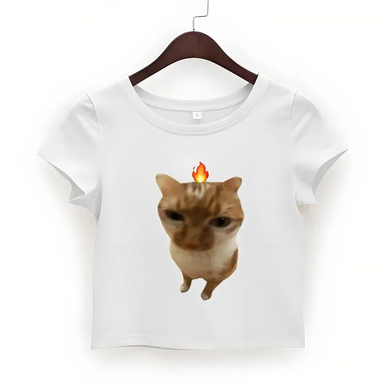 

"Cross-border Exclusive! Solid Angry Flame Cat Print Crop T-Shirt - Loose Slim Fit｜Instagram Casual"