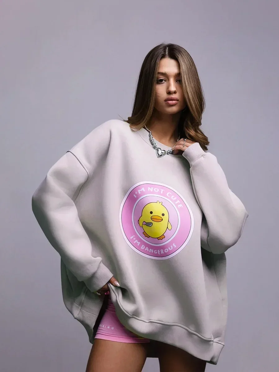 Women's Loose Round Neck Sweatshirt Oversized Chic Printing Hoodies Casual Autumn Winter Warm Female Trendy PulloverT