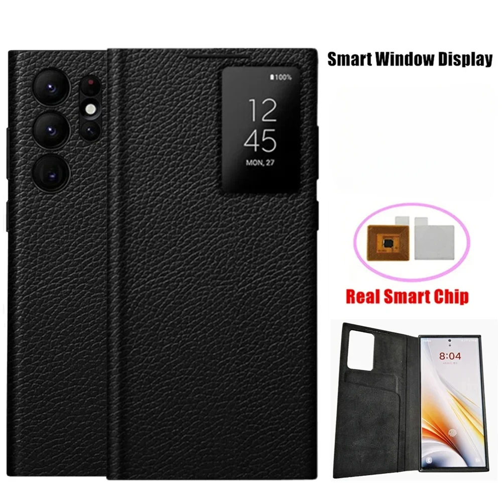 Cephalic dermis Leather Smart View Wallet Flip Phone Case For Samsung Galaxy S24 Ultra/S23Ultra Free-flip Cover With smart chips