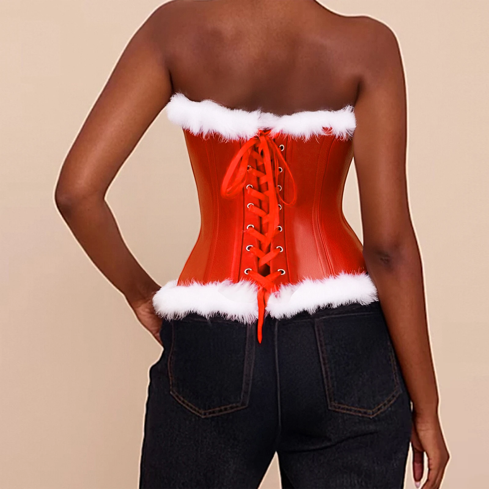 여성 크리스마스 미세스 클로스 의상 퍼지 트림 민소매 뷔스티에 코르셋 탑 코스프레 파티 무대용