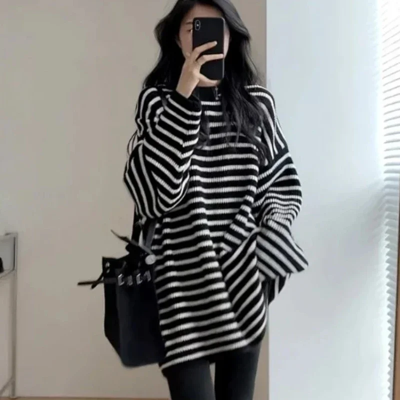 Autumn Black Stripe Female Pullover White Sueters De Mujer Jumper Smooth Korean Style Warm Offers Knitted Sweaters for Women