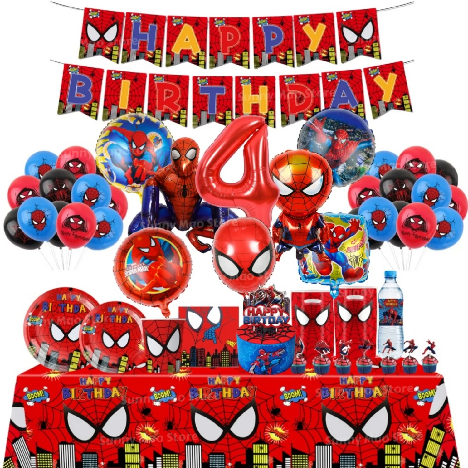 Décoration de fête d'anniversaire Spiderman, ballons de super-héros de dessin animé, assiettes, gobelets, serviettes, bannière, vaisselle, nappe, fournitures pour enfants garçons