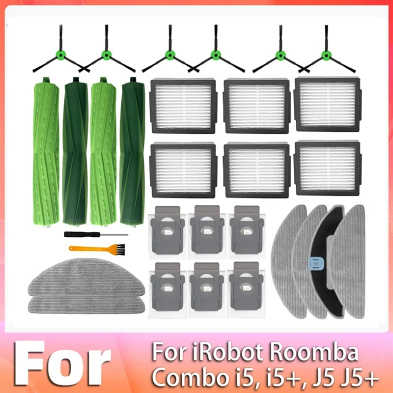 

HOT! 30PCS For Irobot Roomba Combo J5, J5+ Plus, I5, I5+ Plus Replacement Spare Parts Roller Side Brush Hepa Filter Dust Bag Mop