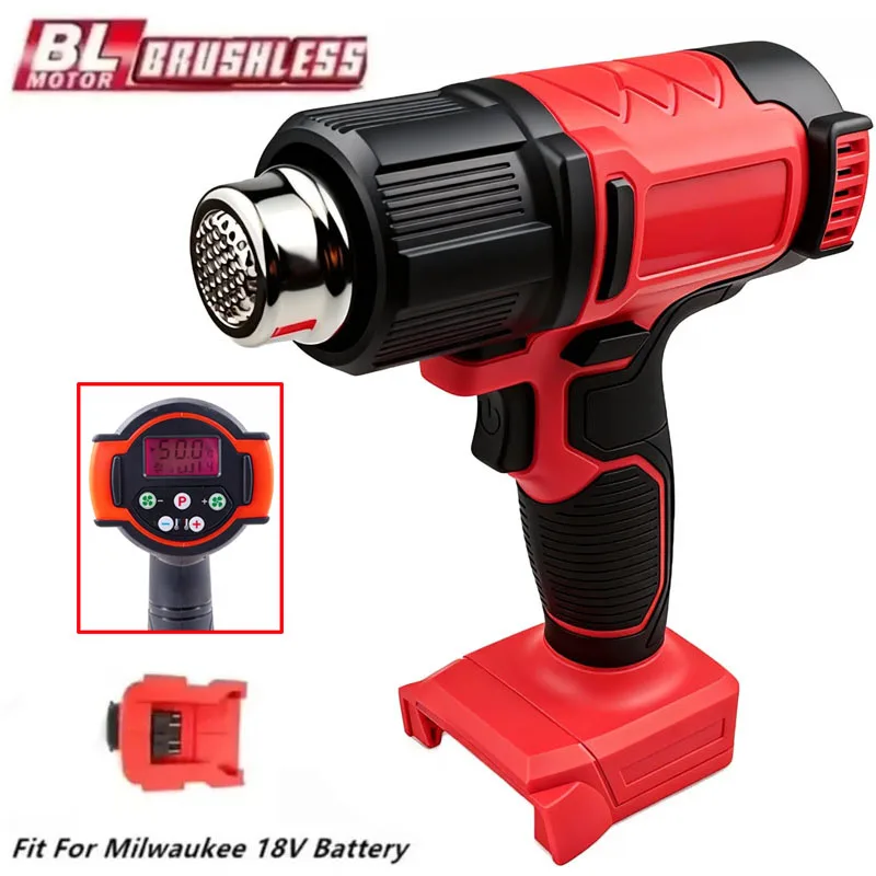 For Milwaukee 18V Battery Hot Air Gun 60-540℃ Adjustable Cordless Heat Gun with 3 Nozzle LCD Display Power Tools