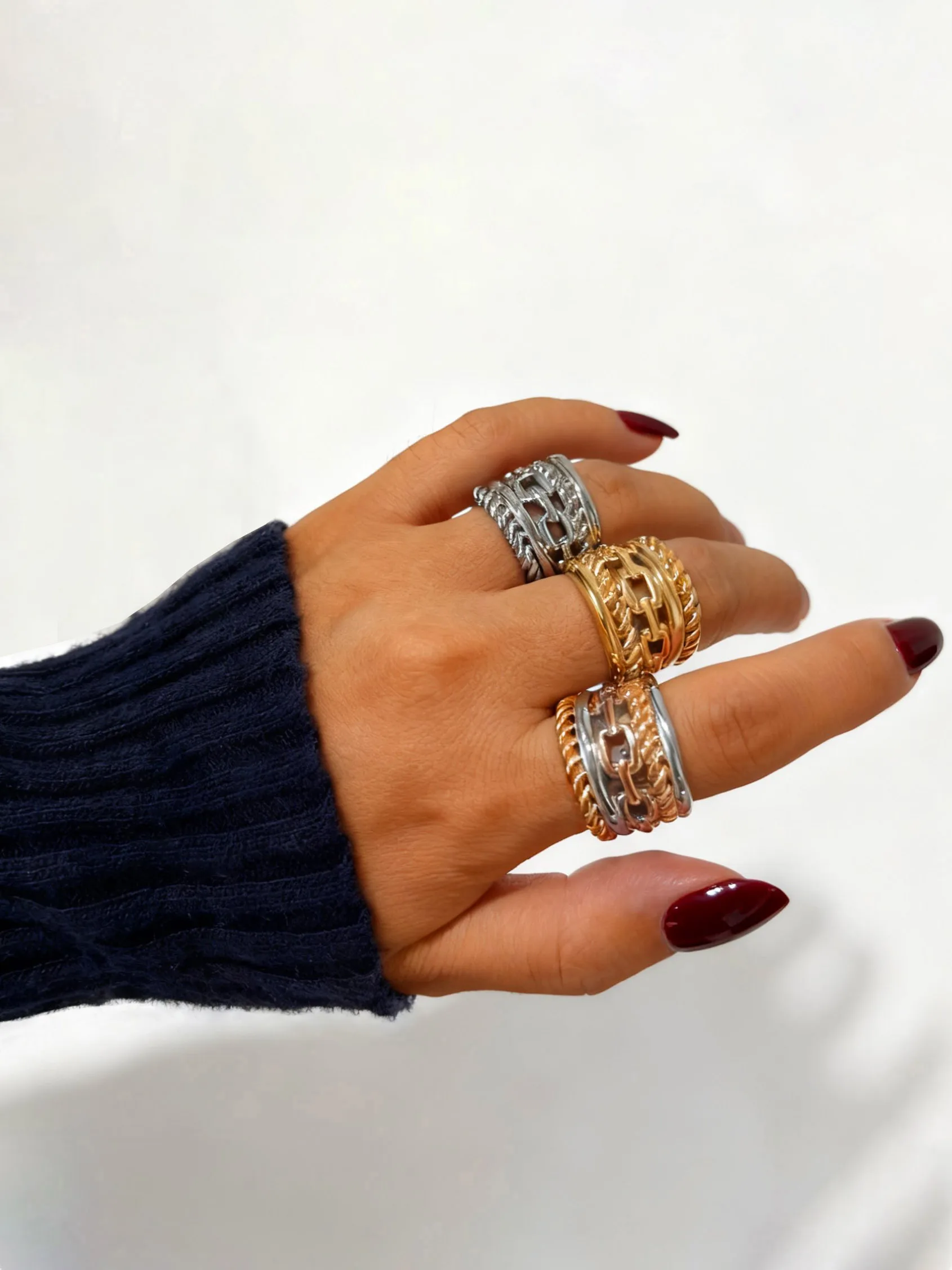 Peri'sbox Stainless Steel Gold-Plated Multi-Layer RotateTwists Wide Face Ring Women Fashion Niche Charm Jewelry Waterproof Gift