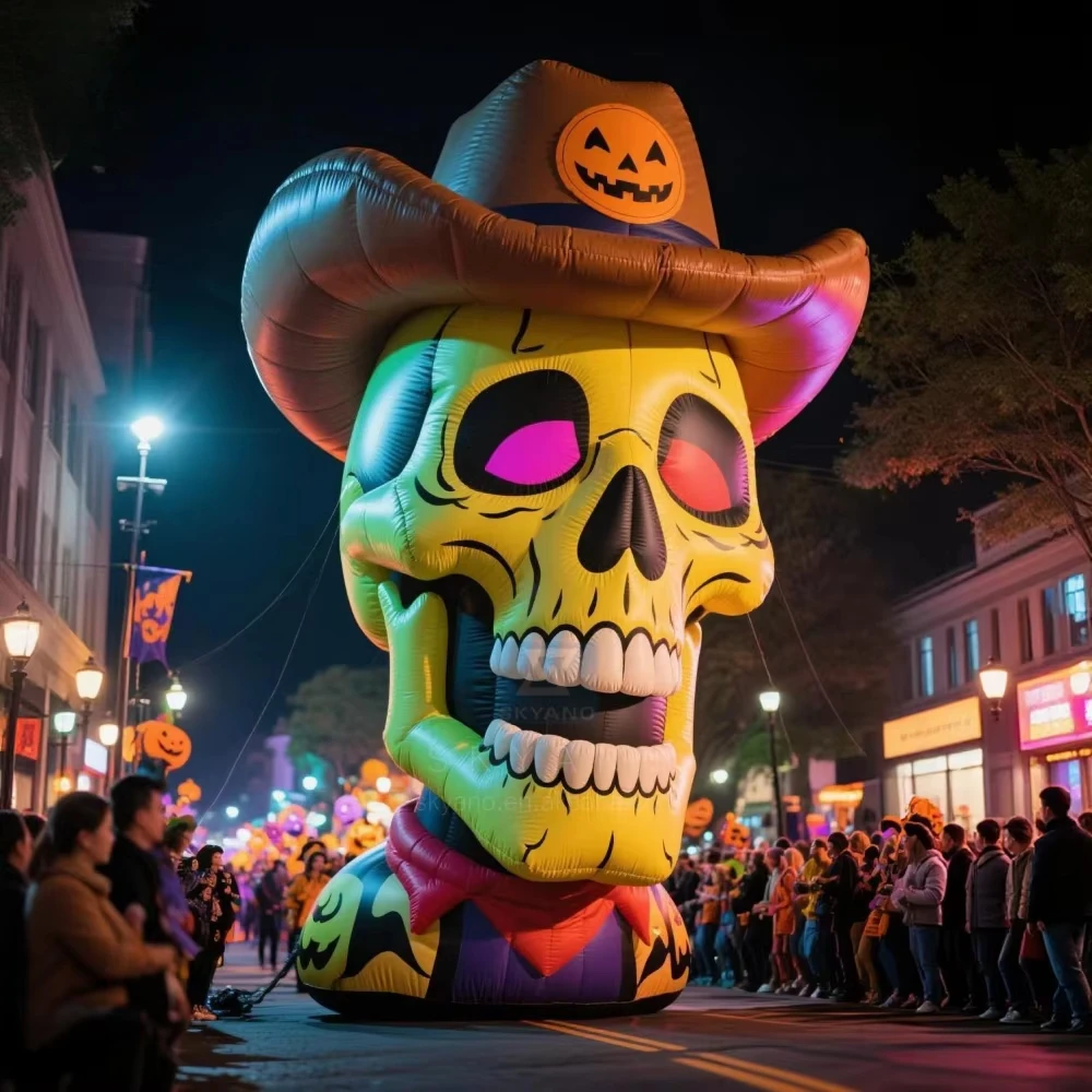Inflatable Skeleton Head with Cowboy Hat Suitable for Halloween Activities