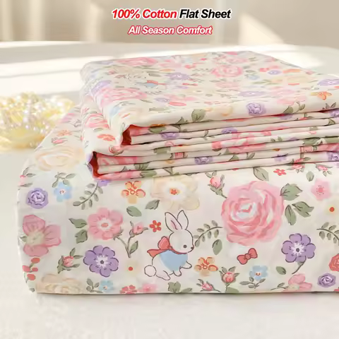 Soft Breathable 100% Cotton Flat Sheet, Floral Print Plain Sheet Wrinkle Resistant Top Sheet, F... product image