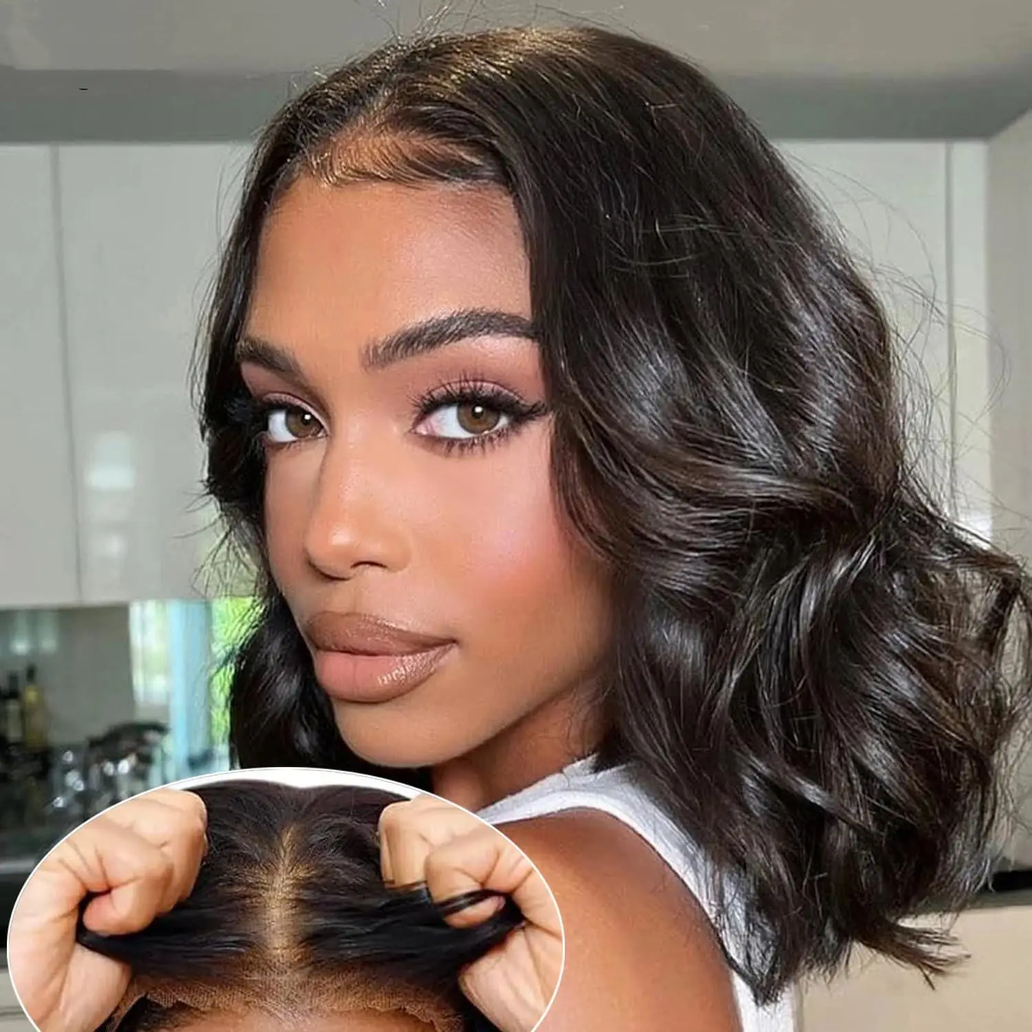 

Парик-боб без клея, готовый к носке, из натуральных человеческих волос, короткий, с волнистым эффектом, с кружевной передней частью, предварительно вырезанный, бразильские волосы, парик с кружевной застежкой 4x4 для женщин