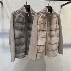 Women's Imported Mink Fur Cashmere Wool jacket Winter New L*P Knitted Zipper Real Fur Coat