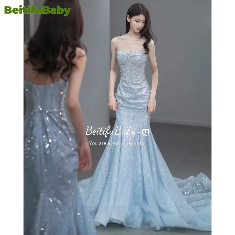 

BeitifuBaby Elegant Women's Evening Dress Palace Style Sling Sequins Fishtail Long Skirt Banquet Wedding Party Dresses for Women