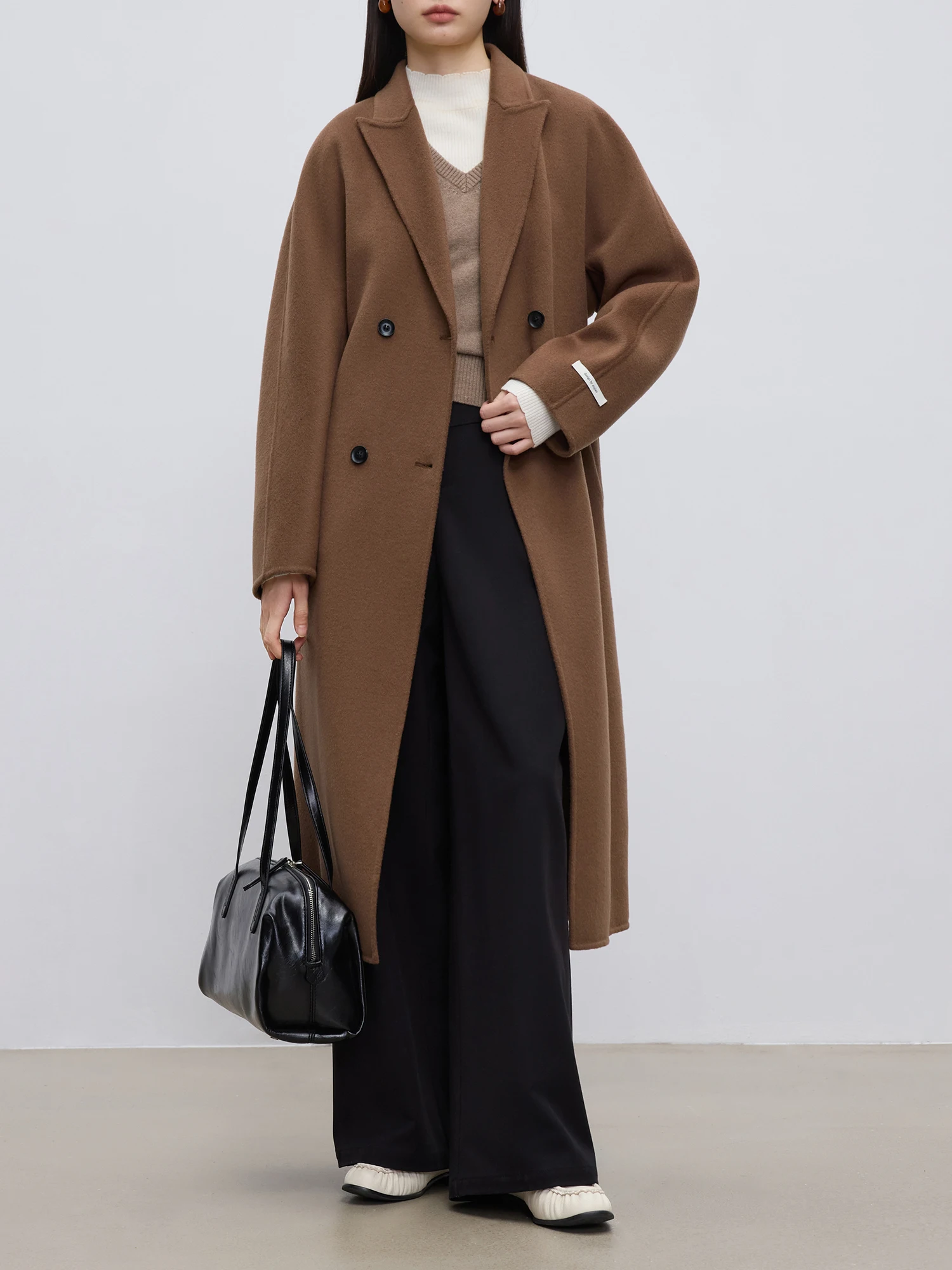 ZIQIAO 100% Wool Coats Classic Double Breasted Long Woolen Jackets Raglan Sleeve Caramel Brown Temperament Coat 24ZQ94368