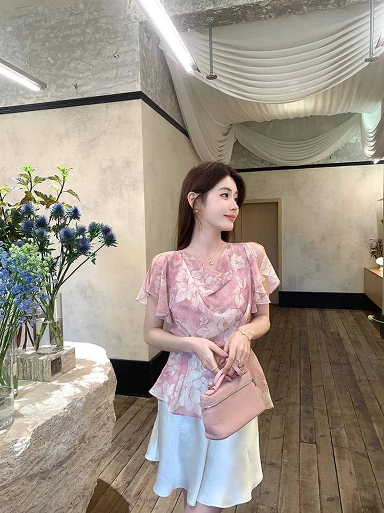 

Женский летний топ Syeee из розового шифона с цветочным принтом, легкий, элегантный, драпированный, с кружевом и завышенной талией