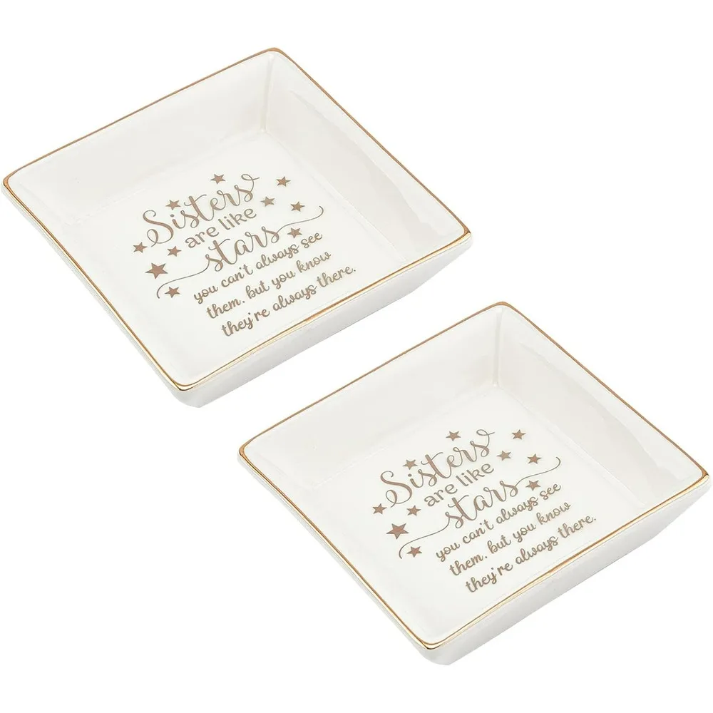 2 Pcs Porcelain Jewelry Plate with Golden Rim & Words (Sisters are Like Stars) 4 x 4 Inch Ceramic Ring Dish Decorative Trinket