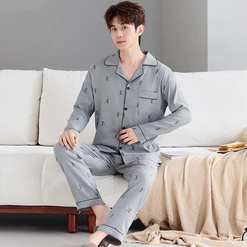 Korean Style Men's Plus Size Pyjamas Spring/Autumn Season Cloud Cotton Long-Sleeved Set Premium Teenage Pyjamas Homewear Set