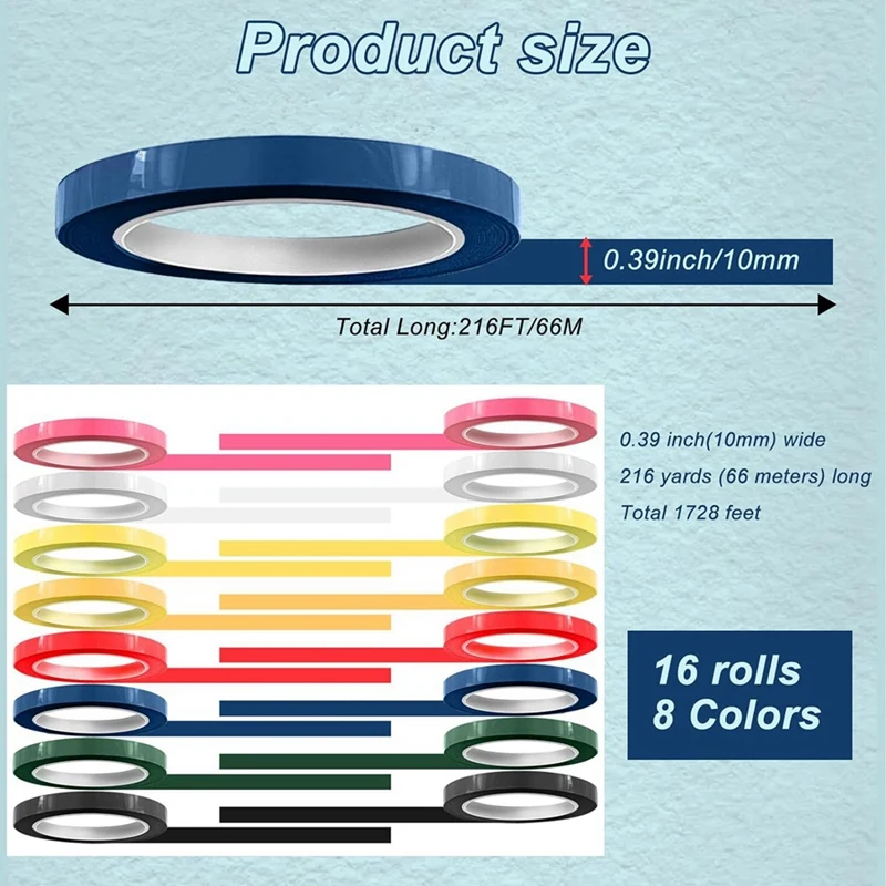 16 rotoli di nastro per l'identificazione degli strumenti, nastro per Autoclave a colori da 216 piedi/L X 0.4 pollici/W-autoclavabile 270 ° f (8 colori)