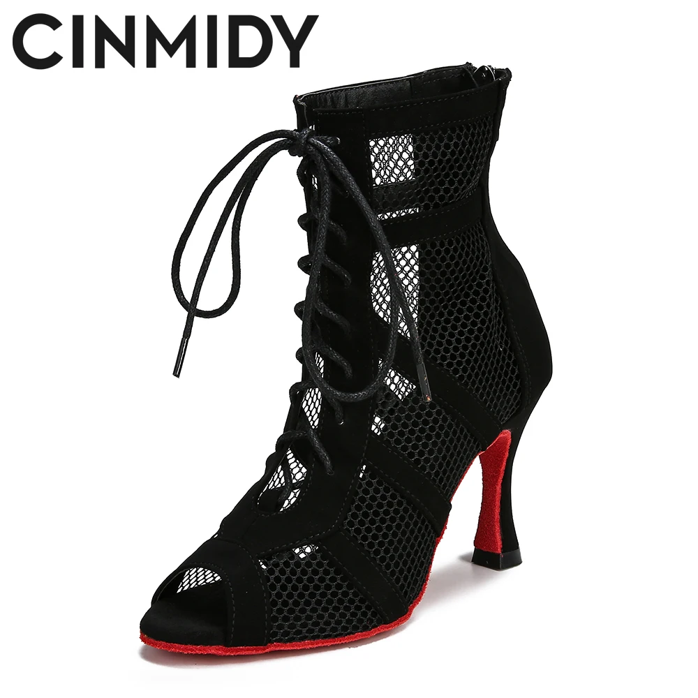 

CINMIDY Lace Up Dance Shoes Women's Red Sole Latin Dance Shoes Black Ballroom Dance High Heels Tango Modern Jazz Dance Boots