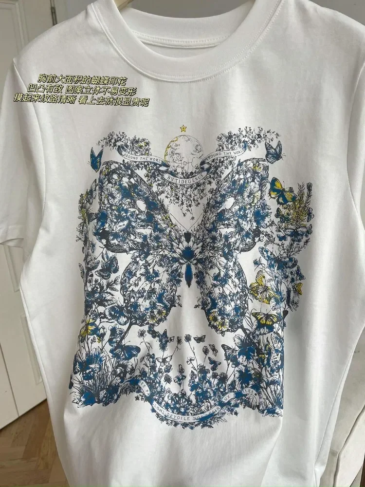 Korean Elegant Floral Butterfly Printing T-shirt Pure Cotton Summer Short Sleeve Tops Loose High Street Ladies Sweet Tees Basic