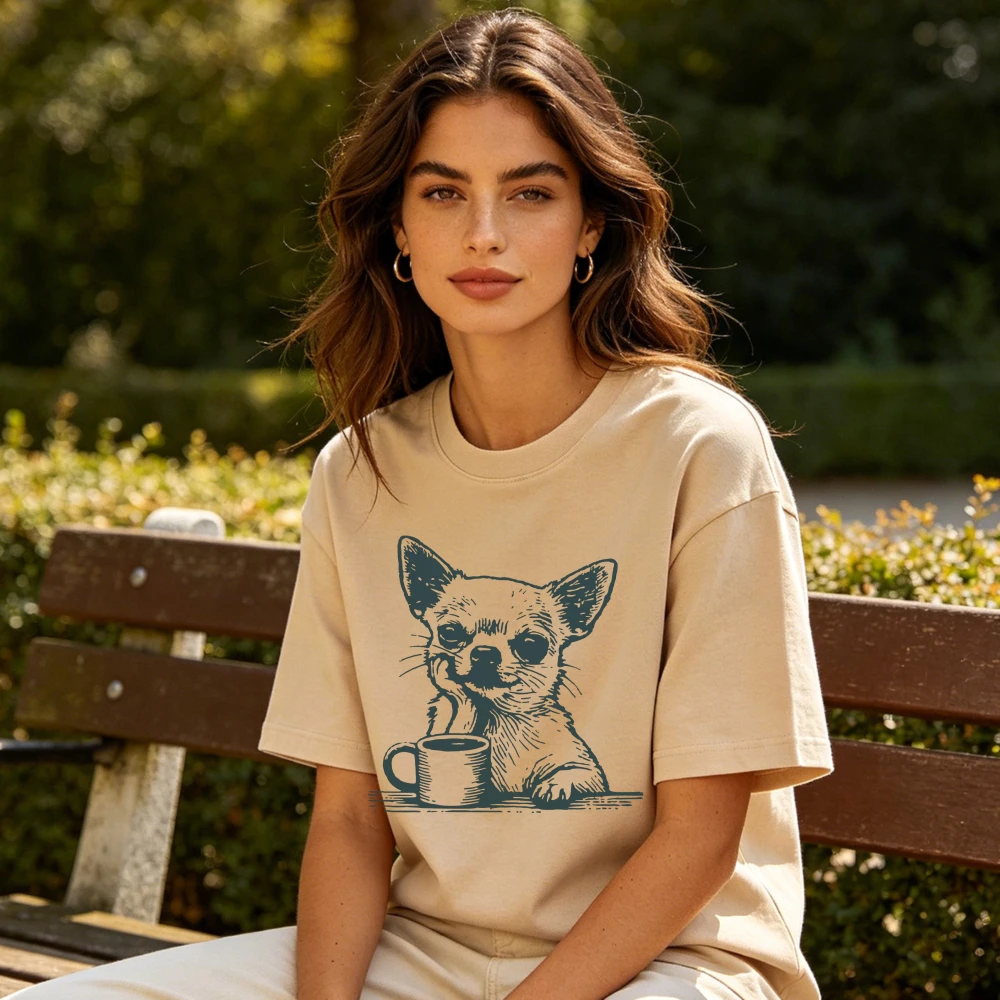Vintage Sketch Chihuahua with Coffee Mug Graphic T-Shirt Cute Dog Mom Graphic T-Shirt Chihuahua Owner Gift Tee Women Cotton Tops
