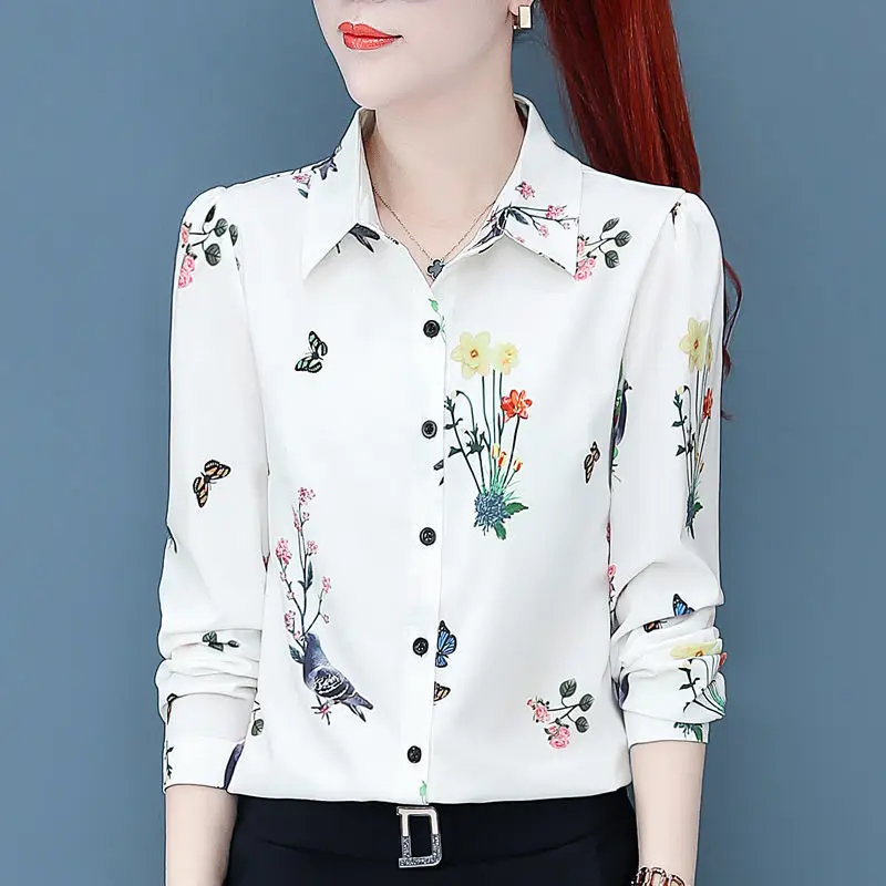 Turn-down Collar Printing Flower Button Long Sleeve Chiffon Shirt Cardigan Women's Clothing Office Lady Fashion Casual Tops