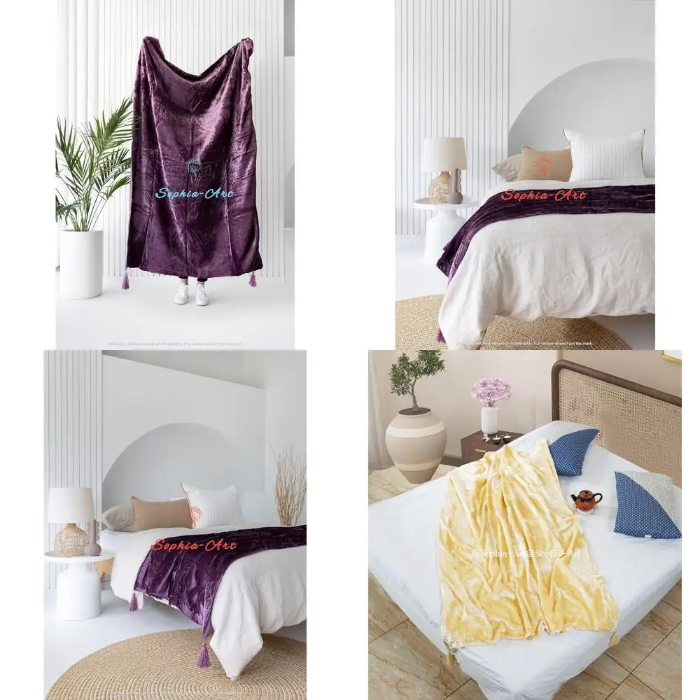 

Luxury Crushed Velvet Throw Blanket with Tassels - Soft Sofa Bed Warm Boho Cozy Plush Lightweight Pet-Friendly