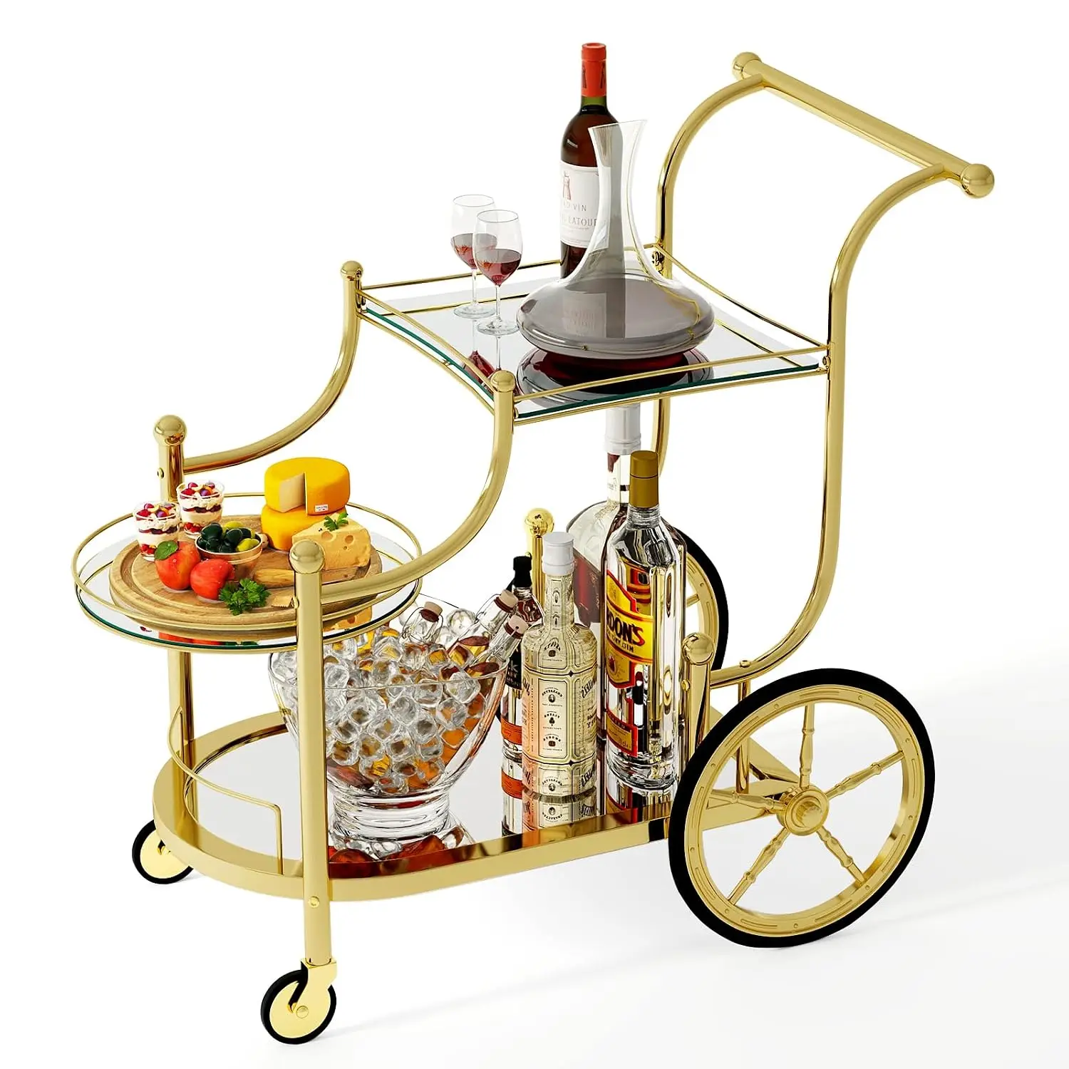 Bar Cart, 3-Tier Rolling Home Bar Serving Cart with Mirrored Shelves & 4 Wheels, Mobile Beverage & Wine Cart for Kitchen