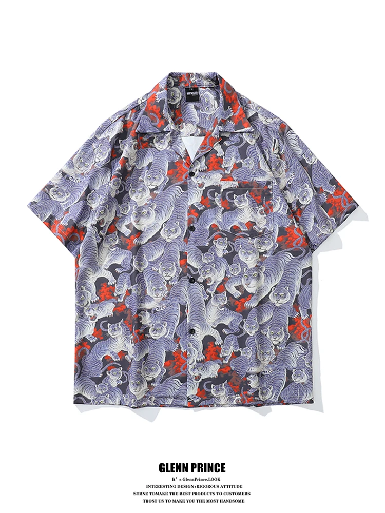 

GPstudio Retro Cuban Collar Short Sleeve Shirt Men's Hawaii Beach Trendy Shirt Breathable Casual Style Polyester Fabric