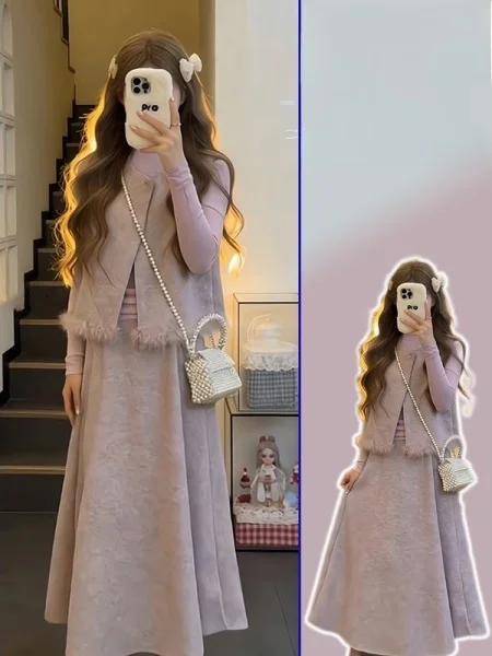 

plus Size Women's Lazy Sle Long Sve High Collar Base irt Vest Overlap Winter Warm Tee-Piece Set Skirt High Waist