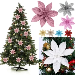 15cm Glitter Artificial Christmas Flowers Xmas Tree Ornaments Hanging Decorations for Wedding New Year Party Supplies