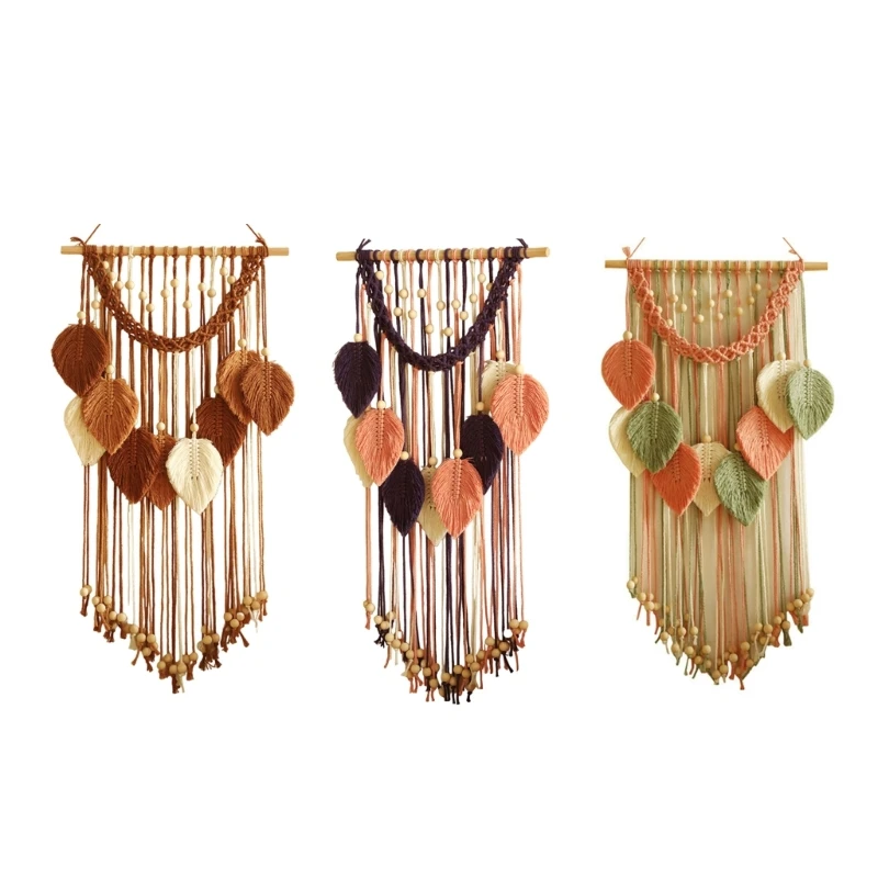 

Leaf Tapestrys Handwovens Macrames Wood Beadeds Tassels Wall Hangings Decorations for Farmhouses Home Bedroom Livingrooms