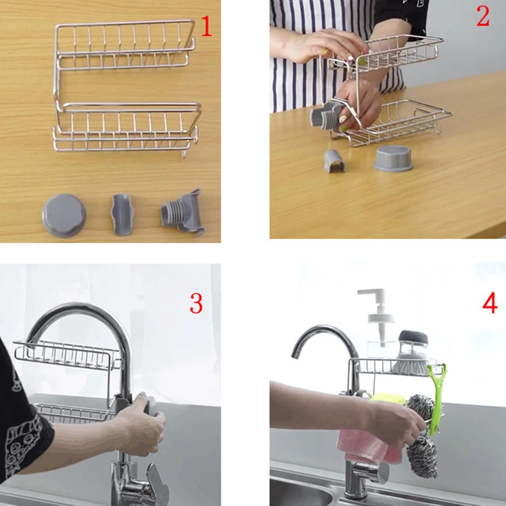 

Adjustable Faucet Storage Rack Stainless Steel Plastic Double Layer Sponge Holder Kitchen Sink Organizer Rust Proof Easy
