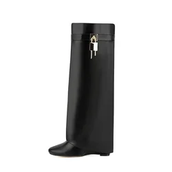 Women's New Thick Soled High-heeled Knee High Women's Mid Length Boots, Fashionable Buckle Shark Boots, Size 43 Large Boots