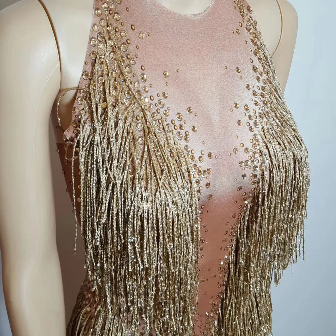 Body Sexy con cuello Halter y borlas de diamantes de imitación dorados brillantes para mujer, trajes de cantante de escenario de tela latina de Jazz, ropa para Bar y DJ