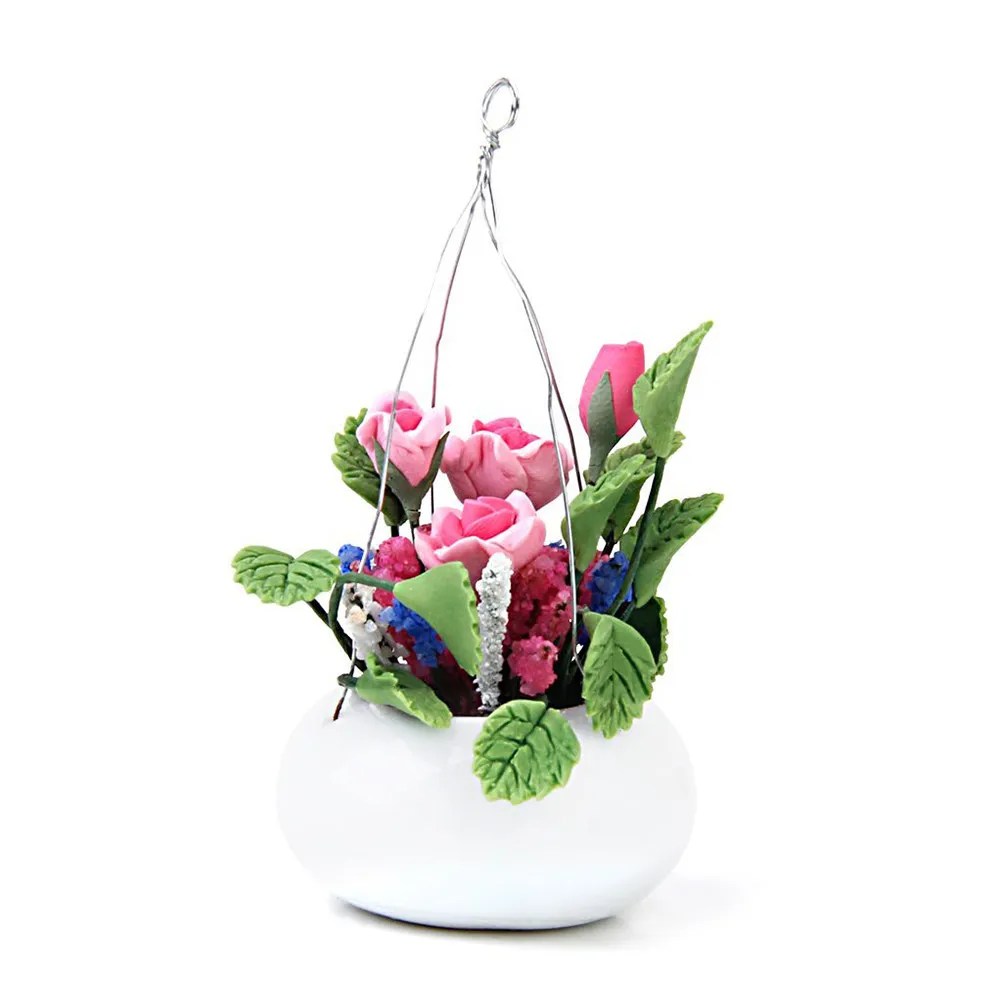 

Miniature Clay Rose Flower Hanging Pot 1 12 Mini House Home Decoration Green White Pink Detailed Mini Plant Accessories