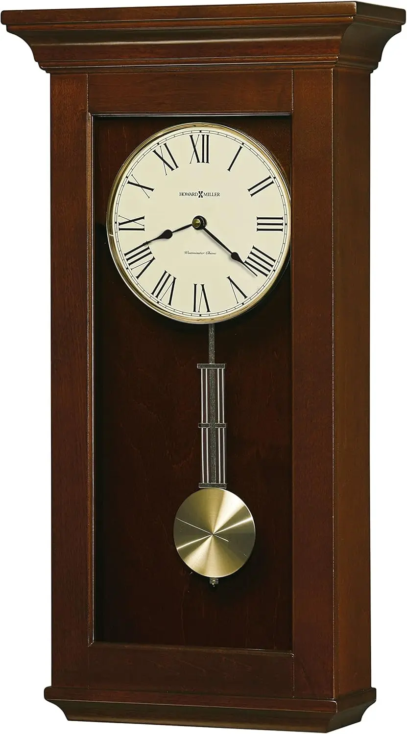 Wall Clock, Brass Pendulum Bob with Single-Chime Movement, Volume Control Wooden Finish Roman Numerals Analog Dial