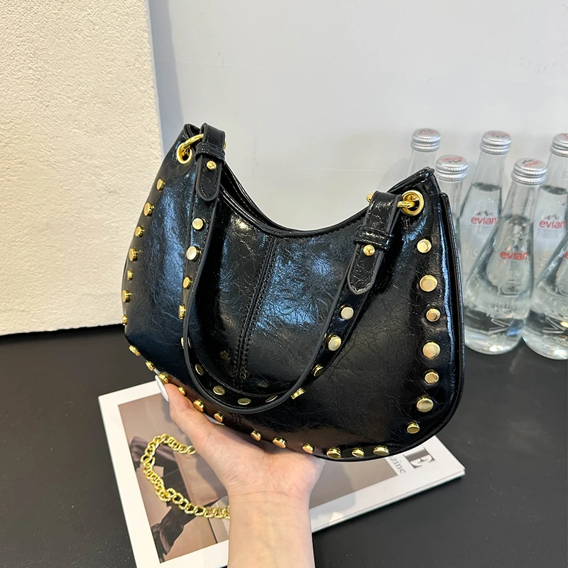 

Half Moon Design Underarm Shoulder Bag Women Retro Rivet Semicircle Saddle Crossbody Bag Lady Pu Leather Handbag Small Bolsos