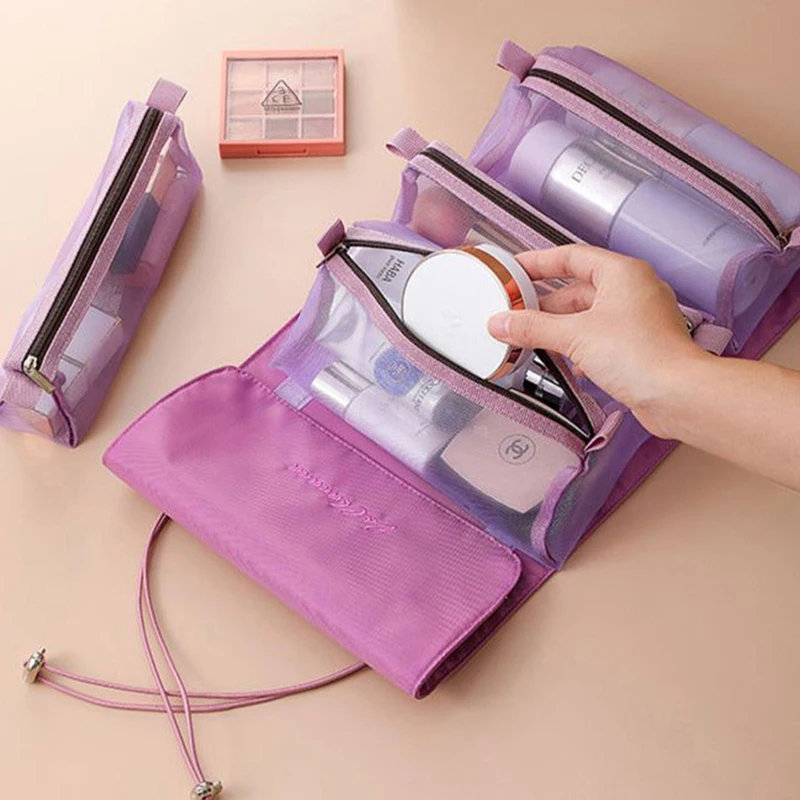 4 pezzi in 1 borsa cosmetica da viaggio per donna borsa cosmetica separabile in rete con cerniera borsa da viaggio pieghevole portatile