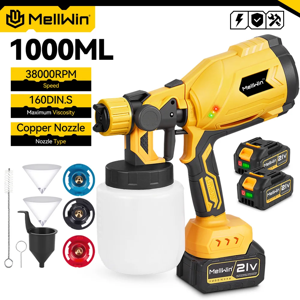 MELLWIN 1000ML Cordless Electric Spray Gun Household Paint Sprayer Furniture Steel Coating Airbrush For Makita 18V Battery Pin