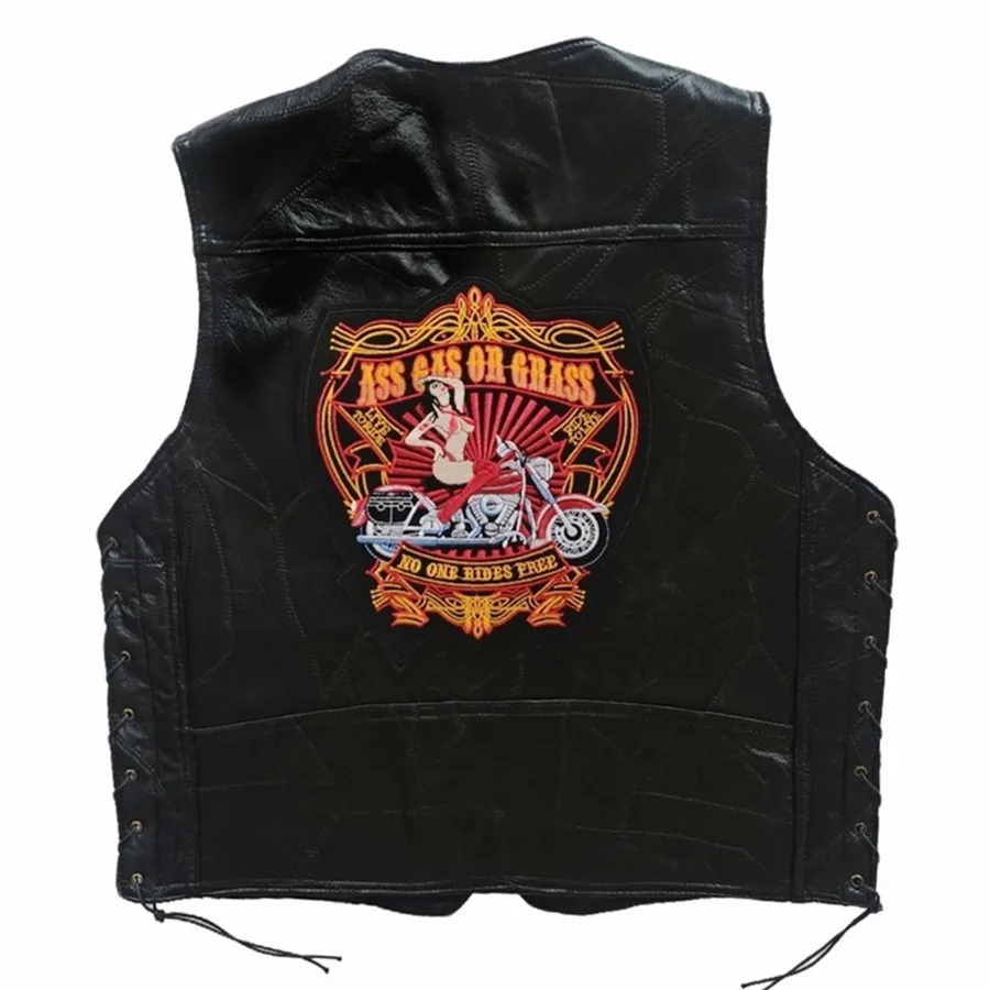 

Motorcycle Lady Embroidered Men Real Leather Vests Lace-up Sleeveless Jacket Riding Biker Waistcoat Men's Punk Streetwear