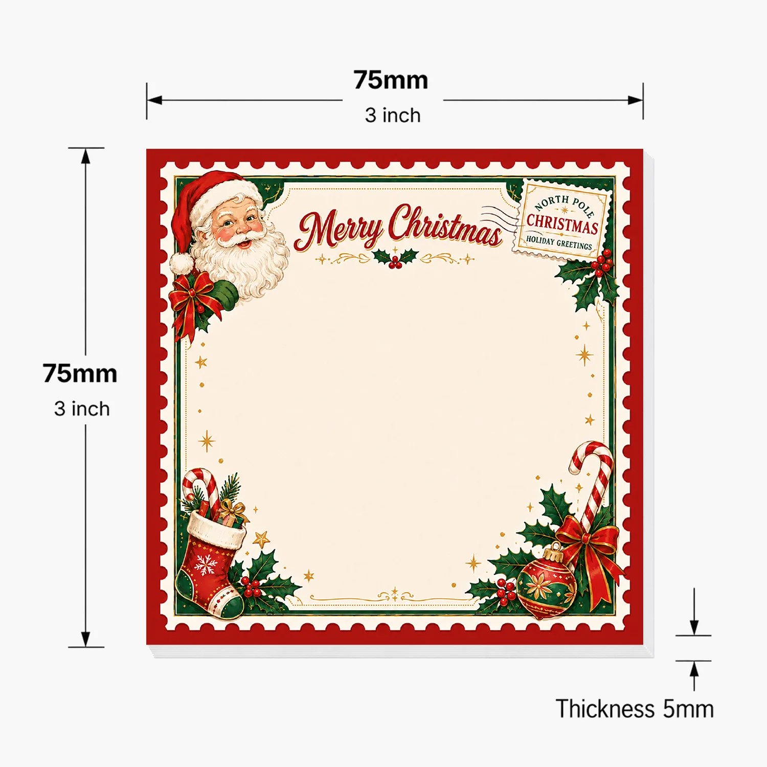 2PCS Christmas Self Adhesive Sticky Notes 100 Sheets Santa Claus Candy Cane Stocking Holly Merry Christmas Memo Pads Holiday Off