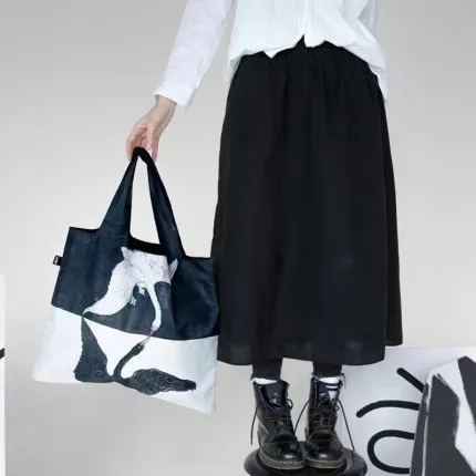 Ele Bla White Swan Artistic Large Capaci Handbag Eco-Friendly oulder Bag Faionable Women's Bag Nylon Material Was...
